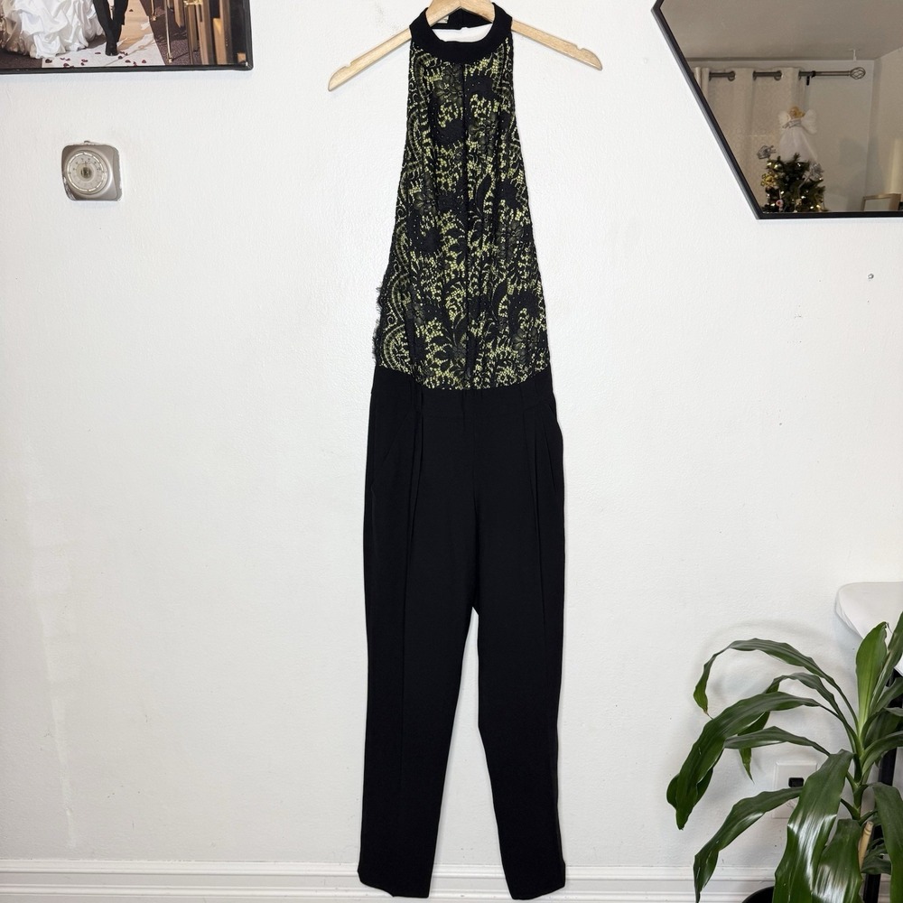 Pinko Keisha Yellow/Green Scalloped Black Lace Halter Jumpsuit Womens‎ US 6